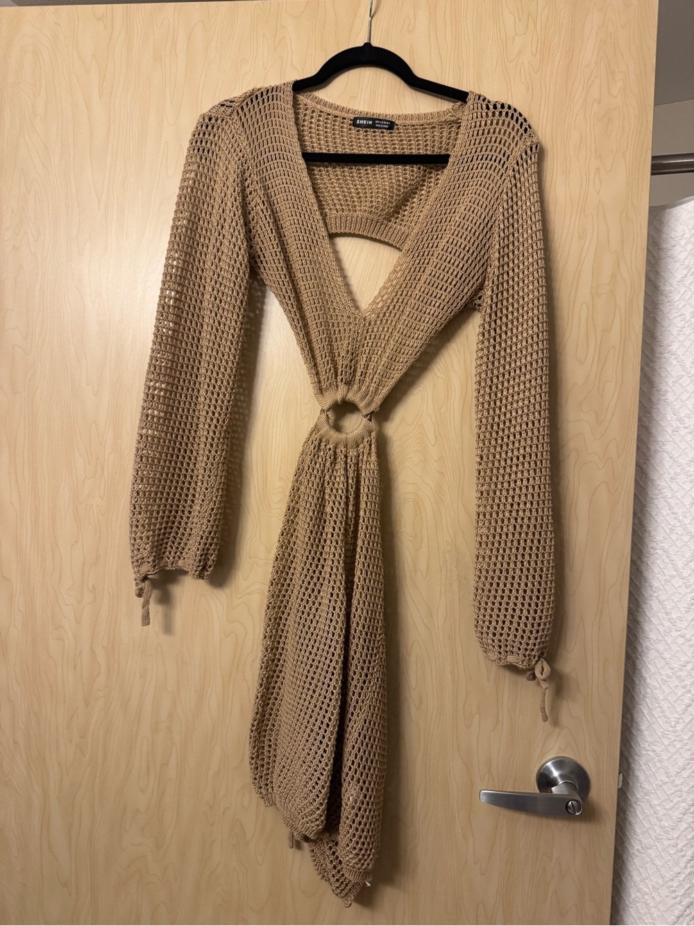 SHEIN | Beige Open-Knit Long Sleeve Tie-Front Dress Swim Coverup